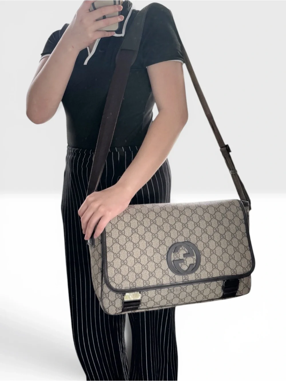 Gucci Interocking GG Supreme Messenger Bag with Brown Strap